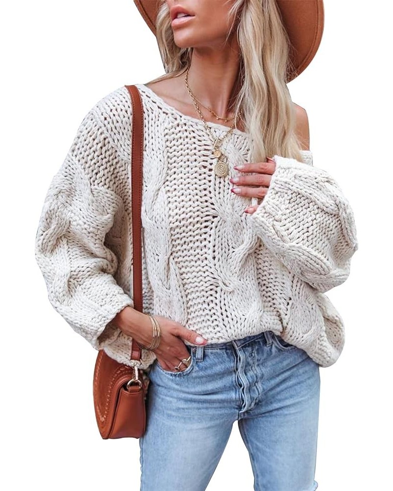 Women's Off Shoulder Sweater Casual Pullover Loose Fit Sweatshirt Long Sleeve Knitted Jumper Tops Four-wihte $19.74 Sweaters