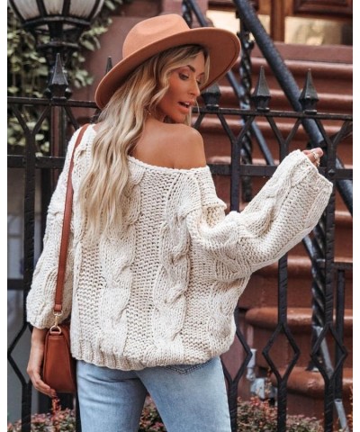 Women's Off Shoulder Sweater Casual Pullover Loose Fit Sweatshirt Long Sleeve Knitted Jumper Tops Four-wihte $19.74 Sweaters