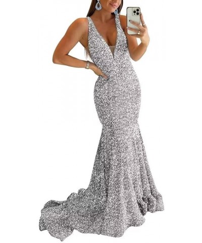 Sparkly Sequin Prom Dresses for Women Long Mermaid Deep V-Neck Formal Evening Party Gowns Silver $27.95 Dresses