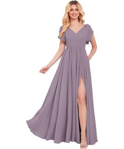 Women's Chiffon Long Bridesmaid Dresses with Sleeves V Neck Pleated Formal Evening Gown with Slit Wisteria $26.40 Dresses