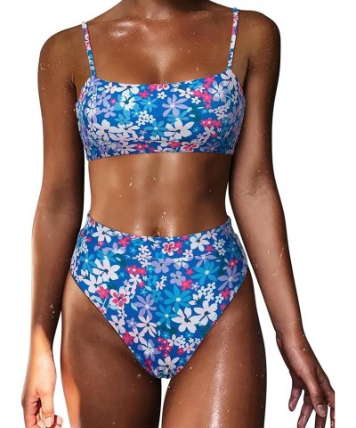 Women High Wasited Bikini Shoulder Strap 2 Piece High Cut String Swimsuits 64 Purple Blue Floral $20.51 Swimsuits