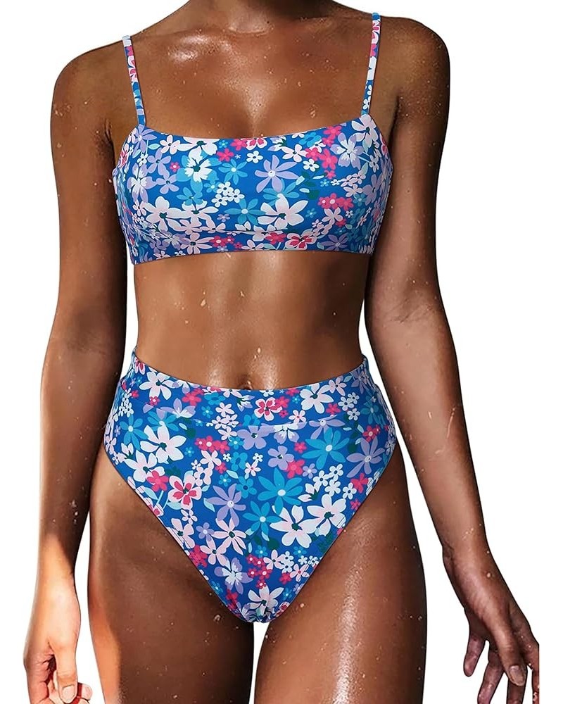 Women High Wasited Bikini Shoulder Strap 2 Piece High Cut String Swimsuits 64 Purple Blue Floral $20.51 Swimsuits