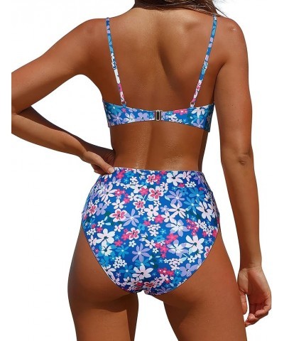 Women High Wasited Bikini Shoulder Strap 2 Piece High Cut String Swimsuits 64 Purple Blue Floral $20.51 Swimsuits