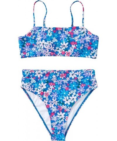 Women High Wasited Bikini Shoulder Strap 2 Piece High Cut String Swimsuits 64 Purple Blue Floral $20.51 Swimsuits