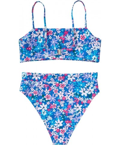 Women High Wasited Bikini Shoulder Strap 2 Piece High Cut String Swimsuits 64 Purple Blue Floral $20.51 Swimsuits