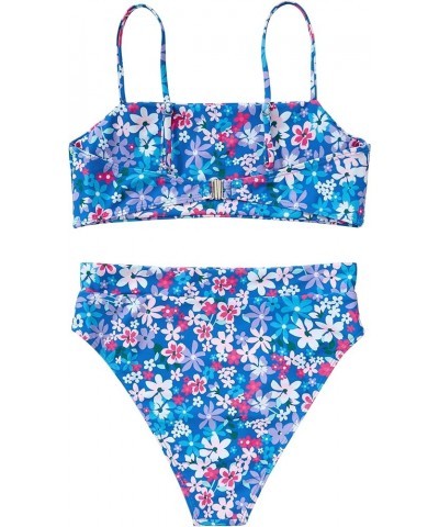 Women High Wasited Bikini Shoulder Strap 2 Piece High Cut String Swimsuits 64 Purple Blue Floral $20.51 Swimsuits