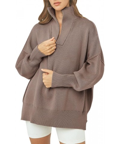 Womens Oversized Sweaters 2023 Quarter Zip Collar Long Sleeve Drop Shoulder Rib Knit Casual Slouchy Pullover Tops Light Coffe...