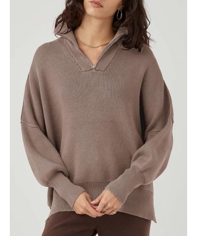 Womens Oversized Sweaters 2023 Quarter Zip Collar Long Sleeve Drop Shoulder Rib Knit Casual Slouchy Pullover Tops Light Coffe...