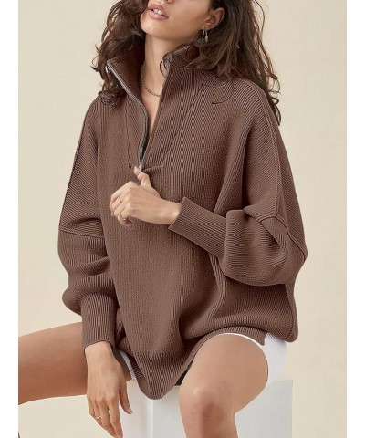 Womens Oversized Sweaters 2023 Quarter Zip Collar Long Sleeve Drop Shoulder Rib Knit Casual Slouchy Pullover Tops Light Coffe...