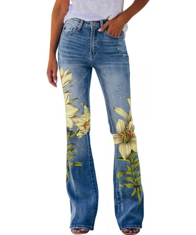 Women Distressed Curvy Bootcut Floral Printed Button Up Bell Bottom Flared Jeans Ripped Plus Size Denim Pants with Pockets A-...