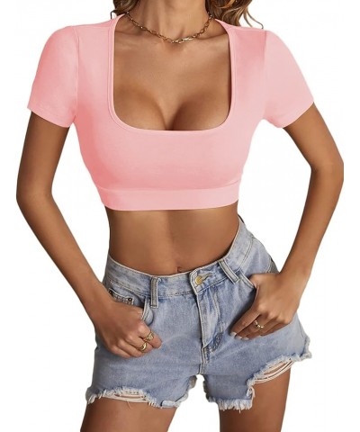 Women's Square Neck Tops Short Sleeve Crop Tops Basic Tee Slim Fit Workout Shirts Light Pink $10.32 T-Shirts