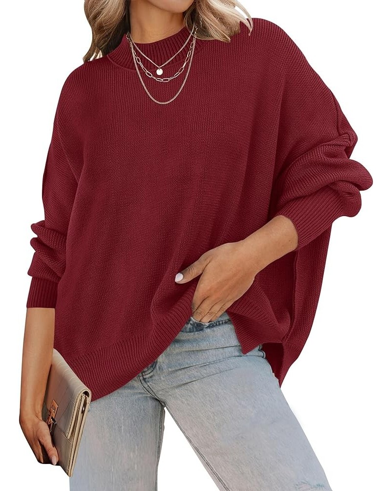 Women's 2024 Fall Casual Long Sleeve Crew Neck Side Slit Oversized Ribbed Knit Pullover Sweater Tops Wine $17.50 Sweaters