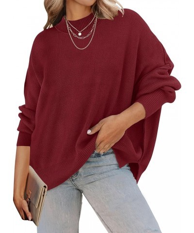 Women's 2024 Fall Casual Long Sleeve Crew Neck Side Slit Oversized Ribbed Knit Pullover Sweater Tops Wine $17.50 Sweaters