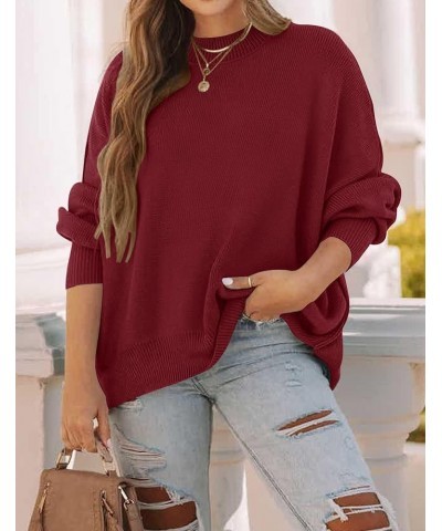 Women's 2024 Fall Casual Long Sleeve Crew Neck Side Slit Oversized Ribbed Knit Pullover Sweater Tops Wine $17.50 Sweaters