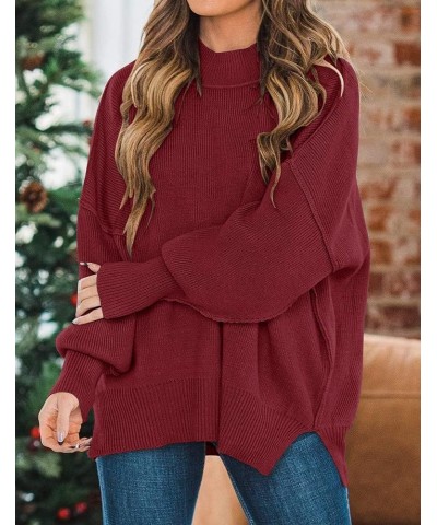 Women's 2024 Fall Casual Long Sleeve Crew Neck Side Slit Oversized Ribbed Knit Pullover Sweater Tops Wine $17.50 Sweaters