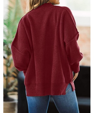 Women's 2024 Fall Casual Long Sleeve Crew Neck Side Slit Oversized Ribbed Knit Pullover Sweater Tops Wine $17.50 Sweaters