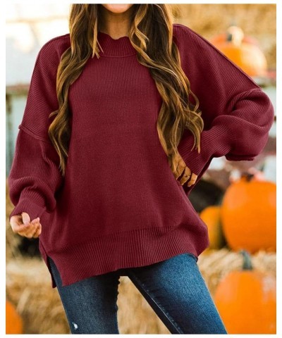 Women's 2024 Fall Casual Long Sleeve Crew Neck Side Slit Oversized Ribbed Knit Pullover Sweater Tops Wine $17.50 Sweaters