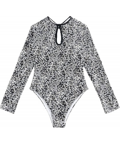 Women's Tropical Long Sleeve One Piece Swimsuit Cut Out Cirss Cross Back Bathing Suit Black and White a $17.28 Swimsuits