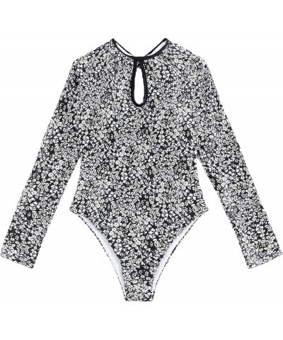 Women's Tropical Long Sleeve One Piece Swimsuit Cut Out Cirss Cross Back Bathing Suit Black and White a $17.28 Swimsuits