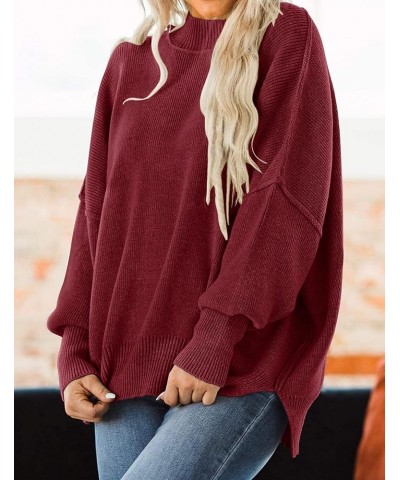 Women's 2024 Fall Casual Long Sleeve Crew Neck Side Slit Oversized Ribbed Knit Pullover Sweater Tops Wine $17.50 Sweaters