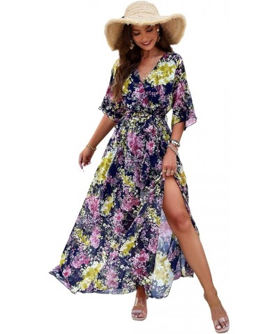 Women's Summer Wrap Maxi Dress Casual Boho Floral Print V Neck 3/4 Sleeve A Line Slit Flowy Beach Midi Long Dresses Dark Blue...