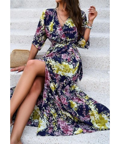 Women's Summer Wrap Maxi Dress Casual Boho Floral Print V Neck 3/4 Sleeve A Line Slit Flowy Beach Midi Long Dresses Dark Blue...