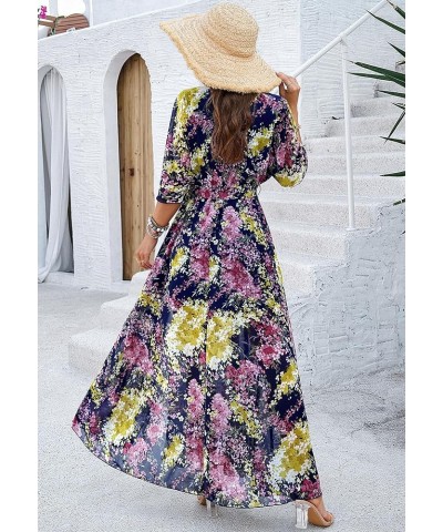 Women's Summer Wrap Maxi Dress Casual Boho Floral Print V Neck 3/4 Sleeve A Line Slit Flowy Beach Midi Long Dresses Dark Blue...