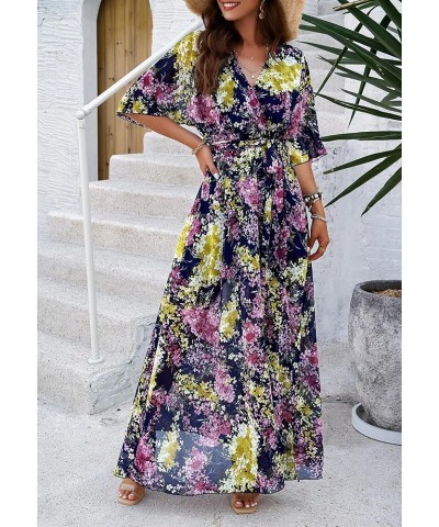 Women's Summer Wrap Maxi Dress Casual Boho Floral Print V Neck 3/4 Sleeve A Line Slit Flowy Beach Midi Long Dresses Dark Blue...