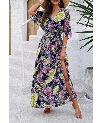 Women's Summer Wrap Maxi Dress Casual Boho Floral Print V Neck 3/4 Sleeve A Line Slit Flowy Beach Midi Long Dresses Dark Blue...