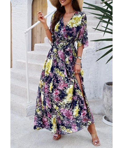 Women's Summer Wrap Maxi Dress Casual Boho Floral Print V Neck 3/4 Sleeve A Line Slit Flowy Beach Midi Long Dresses Dark Blue...