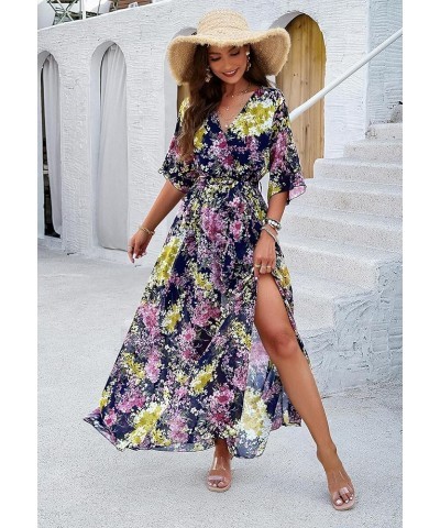 Women's Summer Wrap Maxi Dress Casual Boho Floral Print V Neck 3/4 Sleeve A Line Slit Flowy Beach Midi Long Dresses Dark Blue...