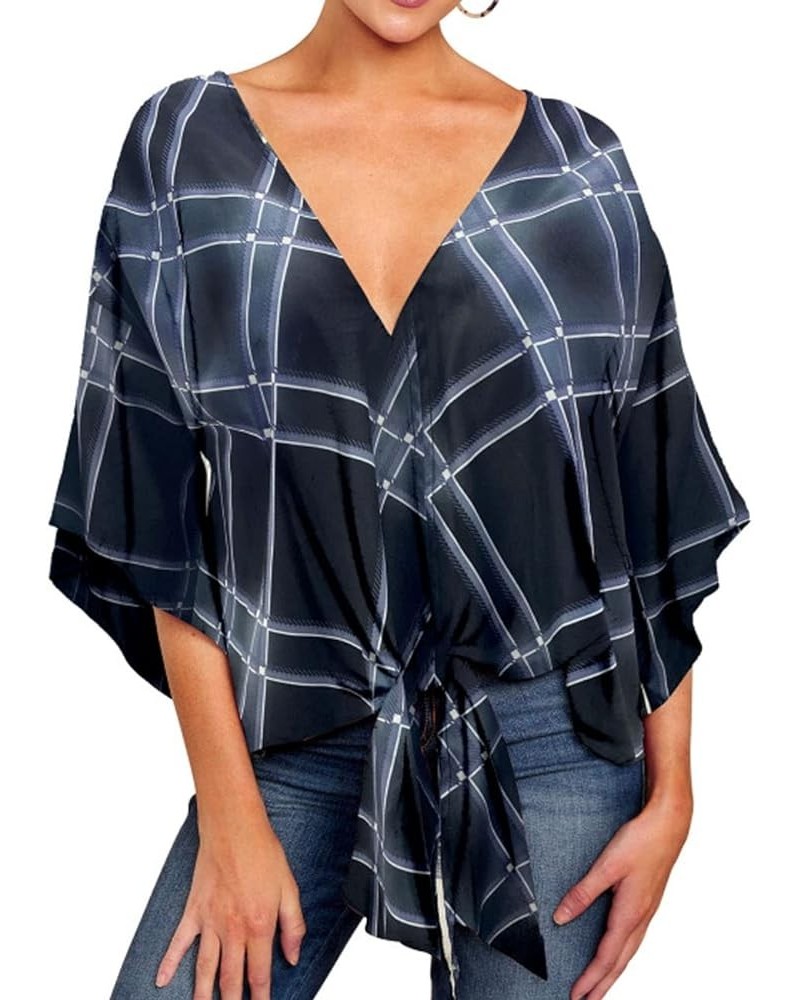 Women's Floral V Neck Tie Knot Front Blouses Bat Wing Half Sleeve Chiffon Tops Shirts Black Plaid $13.19 Tops