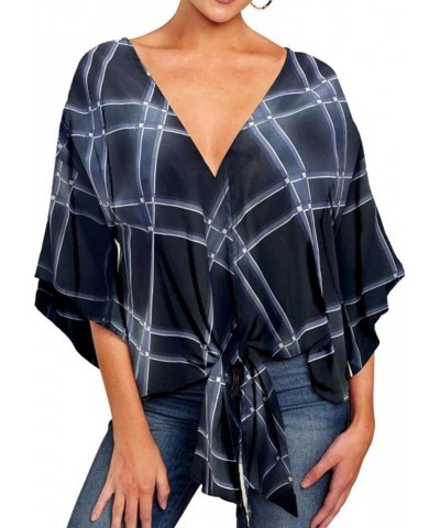 Women's Floral V Neck Tie Knot Front Blouses Bat Wing Half Sleeve Chiffon Tops Shirts Black Plaid $13.19 Tops