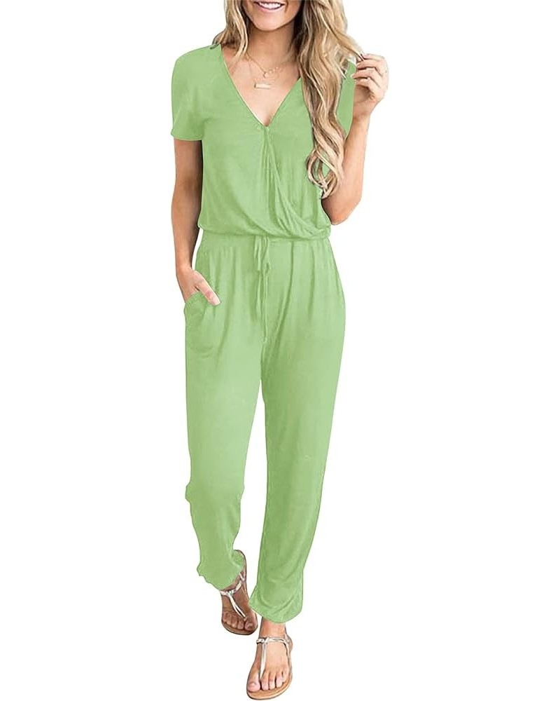 Women's Summer Casual Deep V Neck Short Sleeve Wrap Drawstring Waist Jumpsuit Romper Light Green $26.39 Jumpsuits