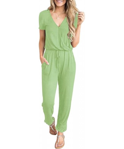 Women's Summer Casual Deep V Neck Short Sleeve Wrap Drawstring Waist Jumpsuit Romper Light Green $26.39 Jumpsuits