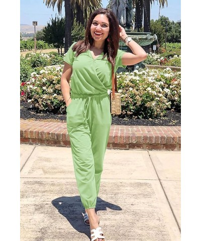 Women's Summer Casual Deep V Neck Short Sleeve Wrap Drawstring Waist Jumpsuit Romper Light Green $26.39 Jumpsuits