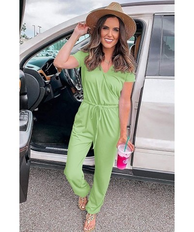 Women's Summer Casual Deep V Neck Short Sleeve Wrap Drawstring Waist Jumpsuit Romper Light Green $26.39 Jumpsuits