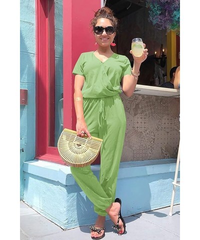 Women's Summer Casual Deep V Neck Short Sleeve Wrap Drawstring Waist Jumpsuit Romper Light Green $26.39 Jumpsuits