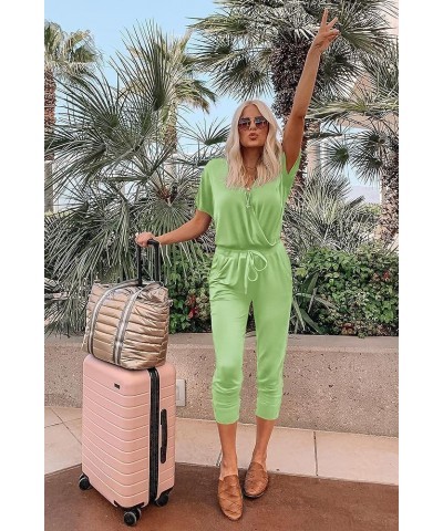 Women's Summer Casual Deep V Neck Short Sleeve Wrap Drawstring Waist Jumpsuit Romper Light Green $26.39 Jumpsuits