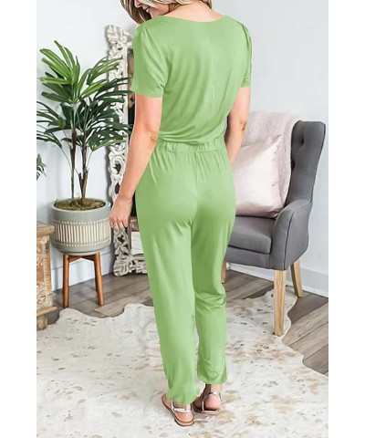 Women's Summer Casual Deep V Neck Short Sleeve Wrap Drawstring Waist Jumpsuit Romper Light Green $26.39 Jumpsuits