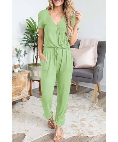 Women's Summer Casual Deep V Neck Short Sleeve Wrap Drawstring Waist Jumpsuit Romper Light Green $26.39 Jumpsuits