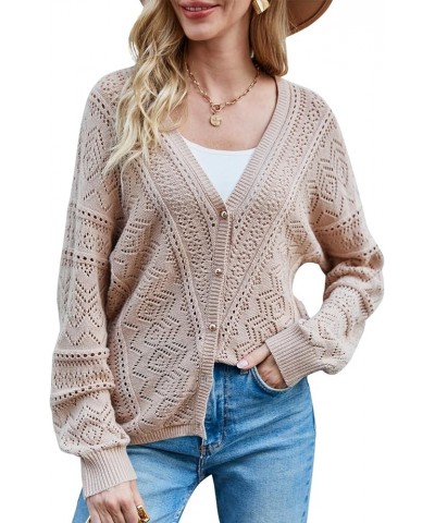 Womens Long Sleeve Cropped Cardigan Lightweight Crochet Knit Sweaters Bolero V Neck Button Down Open Front Tops Apricot $10.7...