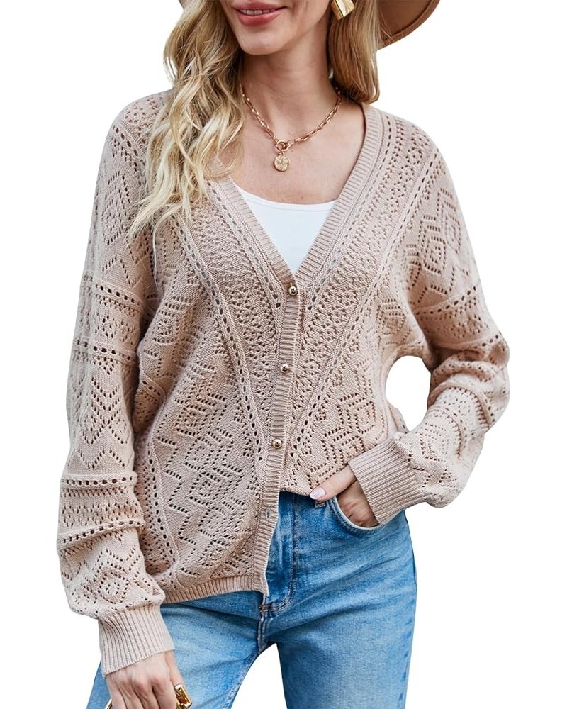 Womens Long Sleeve Cropped Cardigan Lightweight Crochet Knit Sweaters Bolero V Neck Button Down Open Front Tops Apricot $10.7...