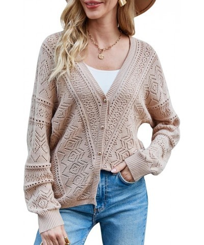 Womens Long Sleeve Cropped Cardigan Lightweight Crochet Knit Sweaters Bolero V Neck Button Down Open Front Tops Apricot $10.7...