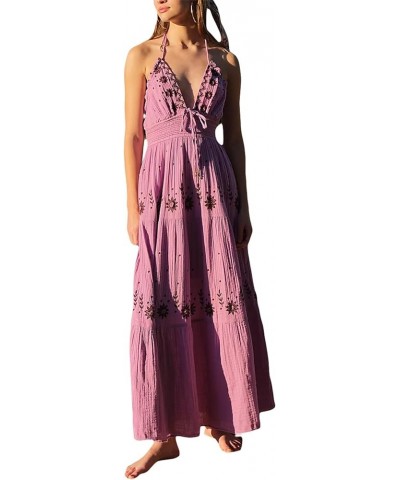 Women 2024 Bohemian Floral Dress Square Neck Ruffle Swing A Line Maxi Dress Long Sleeve Beach Long Dress Trendy Purple Sleeve...