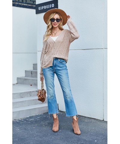 Womens Long Sleeve Cropped Cardigan Lightweight Crochet Knit Sweaters Bolero V Neck Button Down Open Front Tops Apricot $10.7...