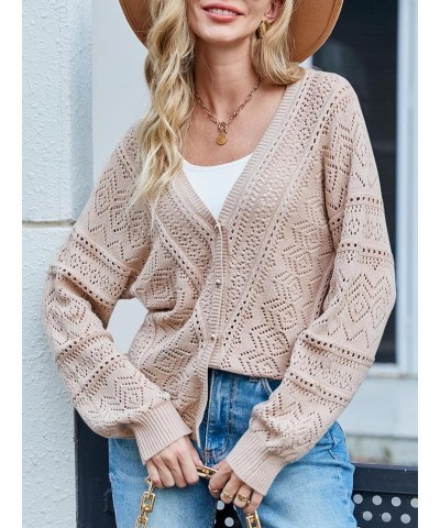 Womens Long Sleeve Cropped Cardigan Lightweight Crochet Knit Sweaters Bolero V Neck Button Down Open Front Tops Apricot $10.7...