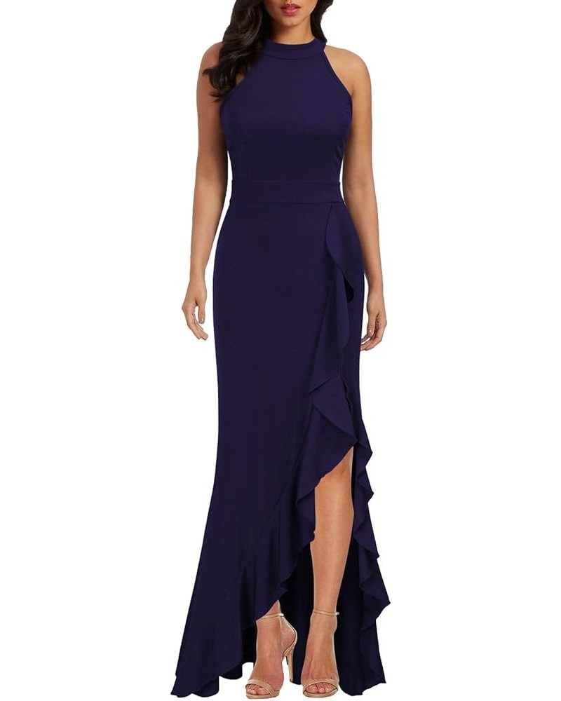 Women's High Neck Split Bodycon Mermaid Evening Cocktail Long Dress Navy Blue $26.99 Dresses