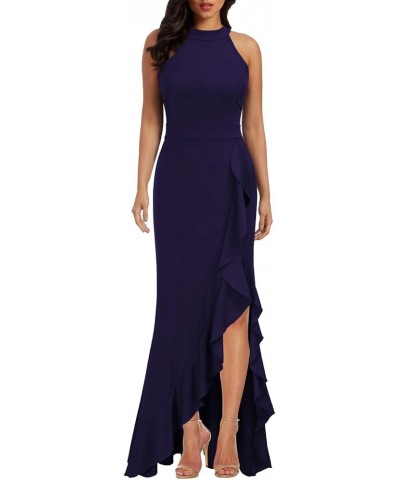 Women's High Neck Split Bodycon Mermaid Evening Cocktail Long Dress Navy Blue $26.99 Dresses