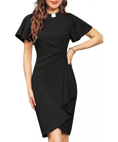 Womens Church Clergy Mass Dress Flare Sleeve Waist Pleated Flower Bud Pencil Dress with Tab Collar Black $17.85 Dresses